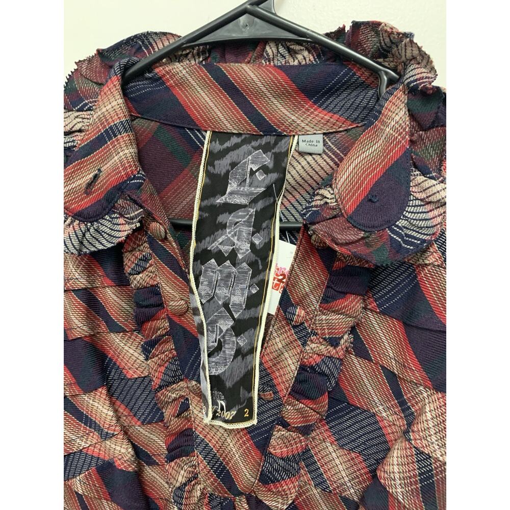 L.A.M.B. Womens Plaid Short Sleeve Ruffle Mini Shirt Dress Red Blue Tan Size 2 - Picture 2 of 3